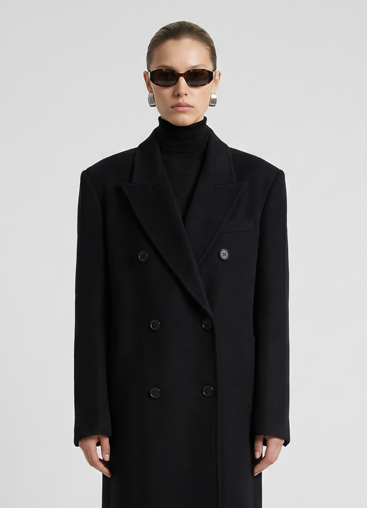 Black Wool Straight Trench Coat