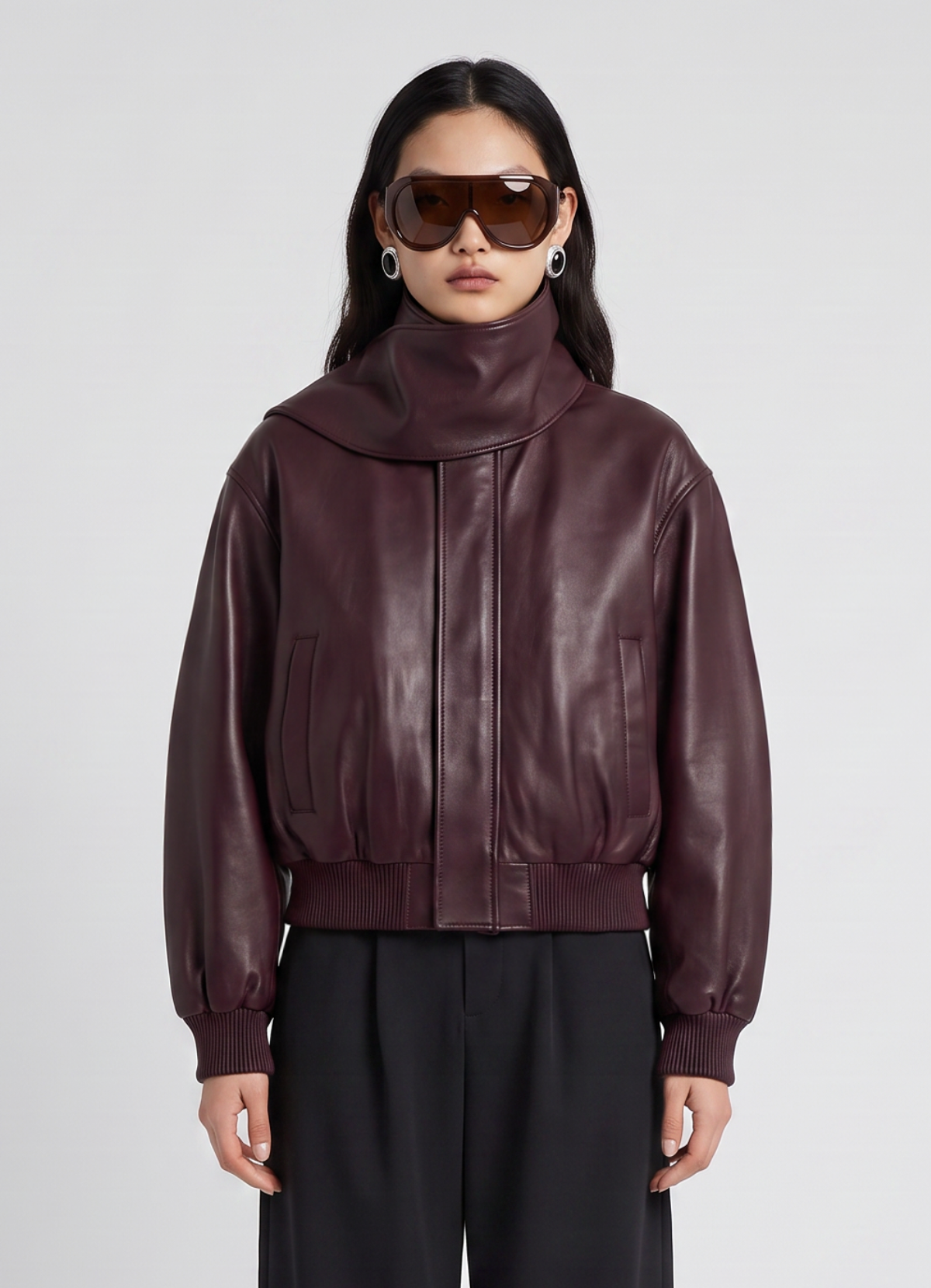 Burgundy Leather Scarf Bomber Jacket
