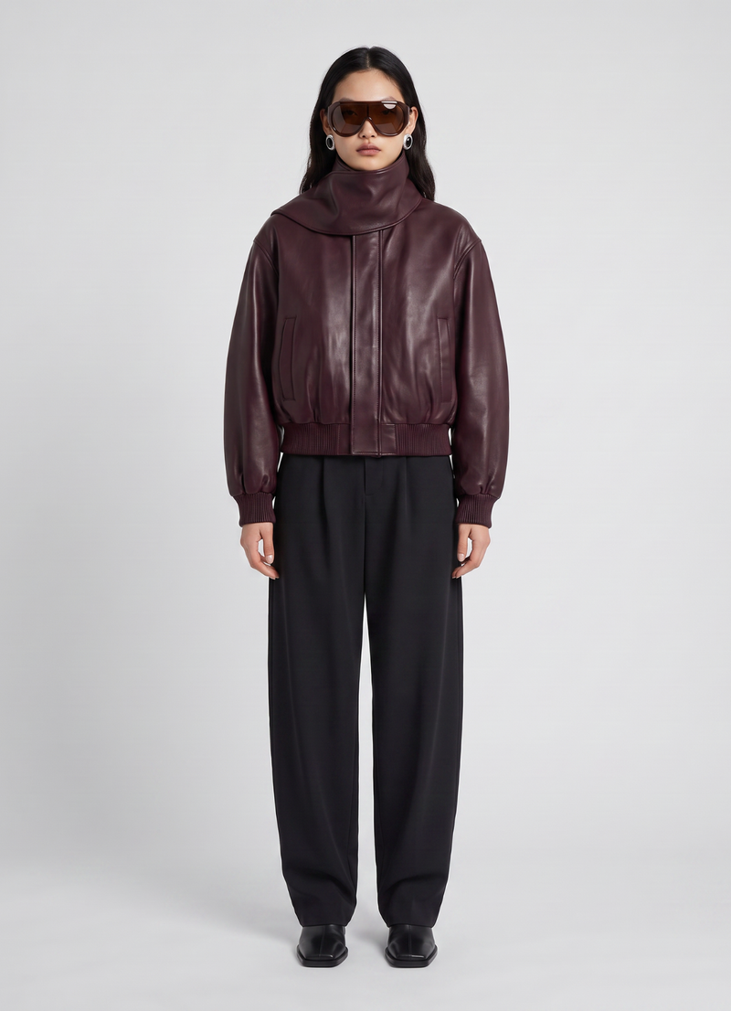 Burgundy Leather Scarf Bomber Jacket