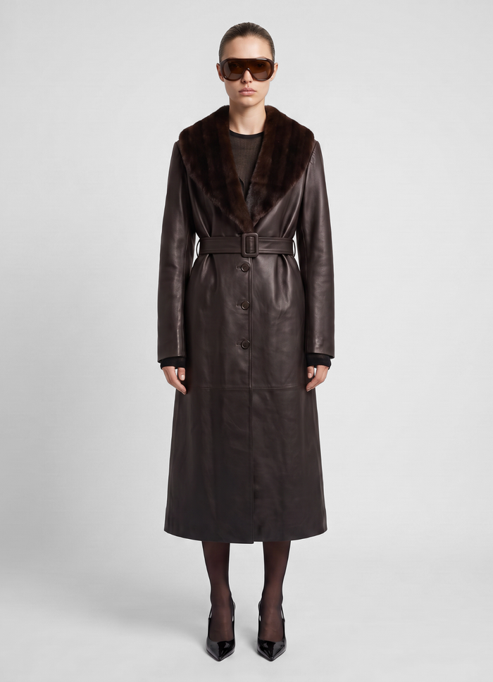 Brown Leather Faux Fur Trim Trench Coat
