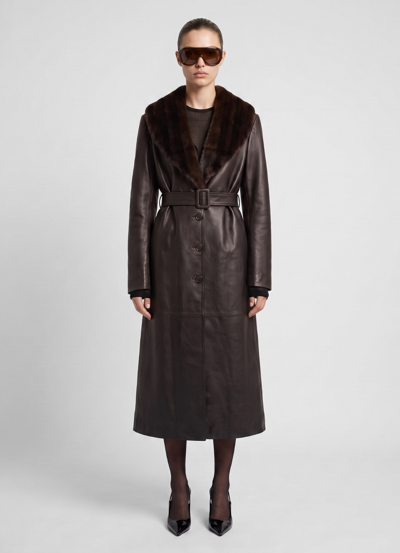 Brown Leather Faux Fur Trim Trench Coat