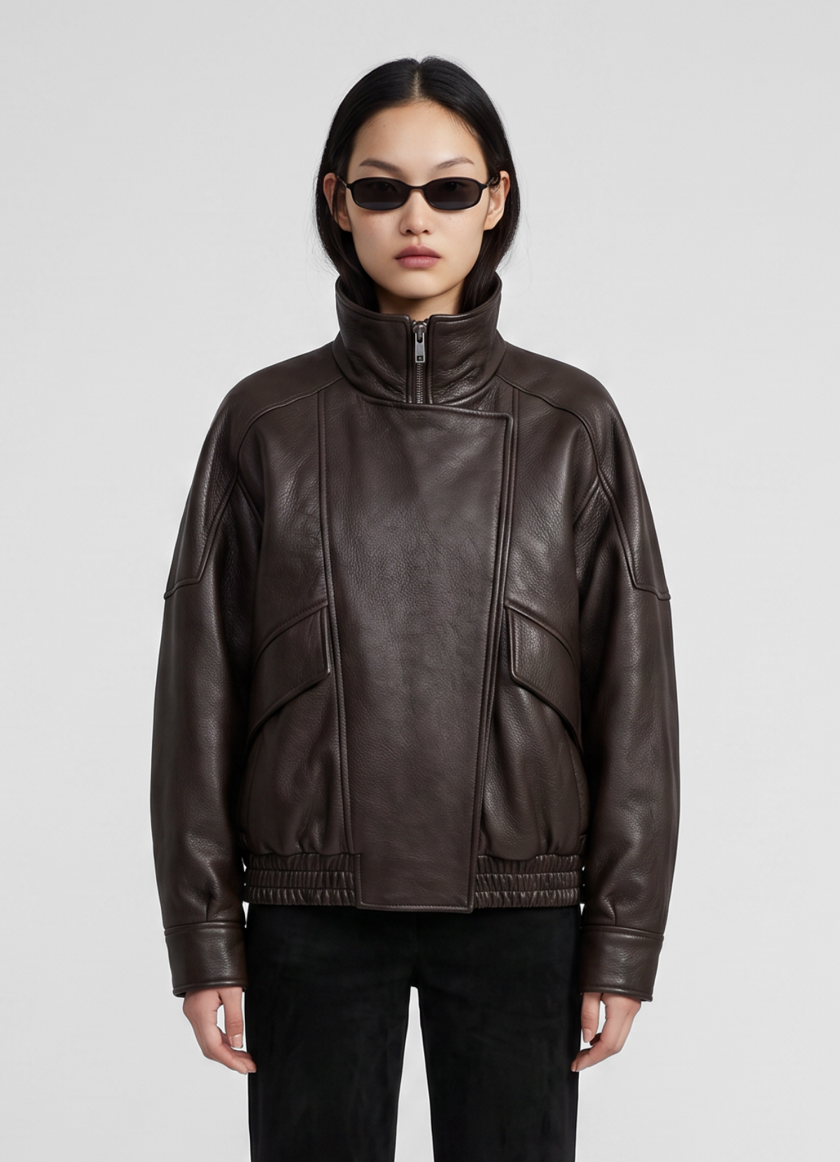 Brown Vintage Leather Relaxed Bomber Jacket