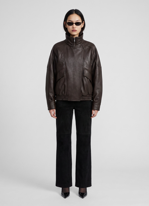Brown Vintage Leather Relaxed Bomber Jacket