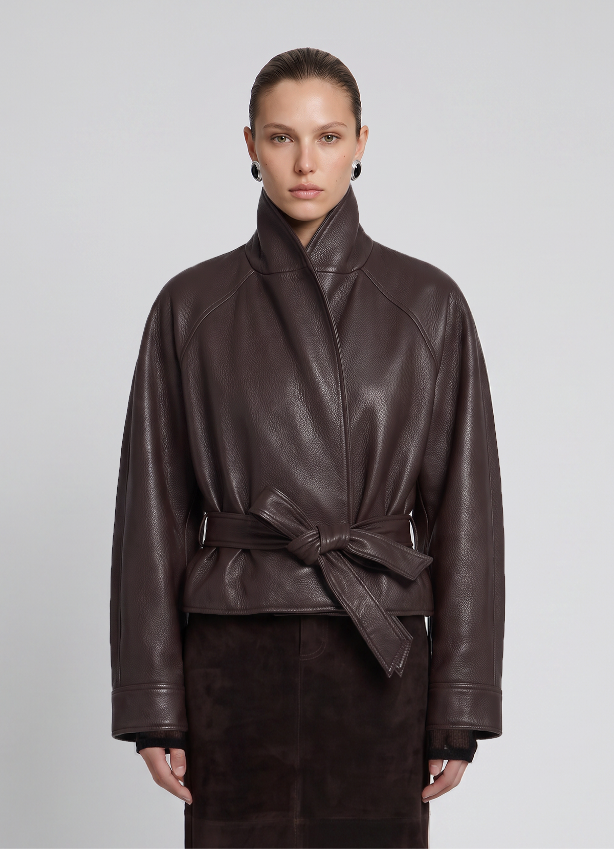 Brown Leather Shawl Collar Jacket