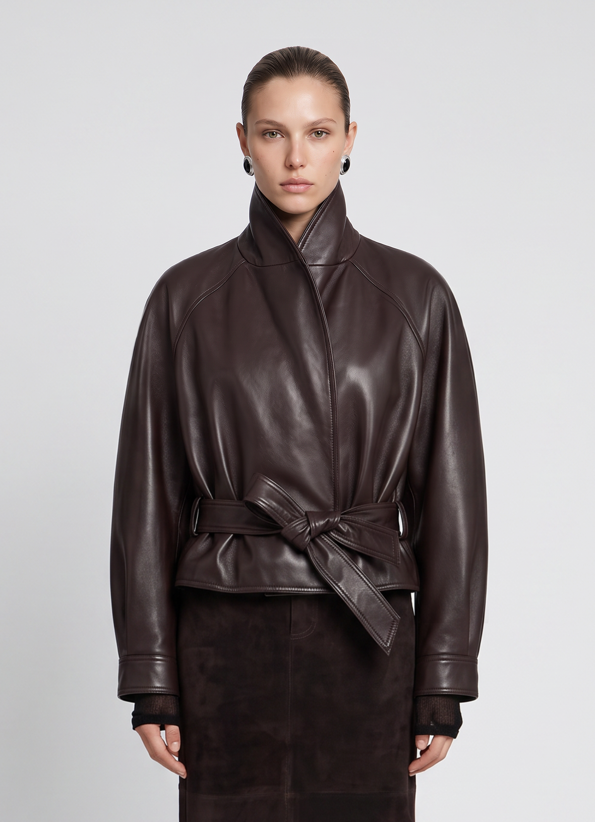 Brown Leather Shawl Collar Jacket