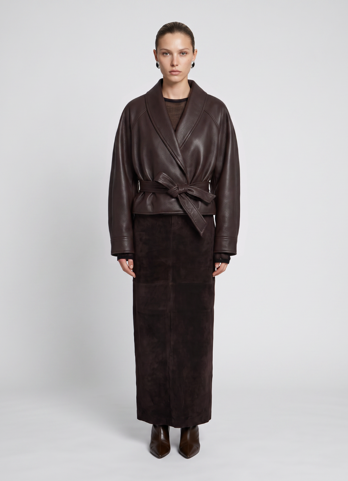 Brown Leather Shawl Collar Jacket