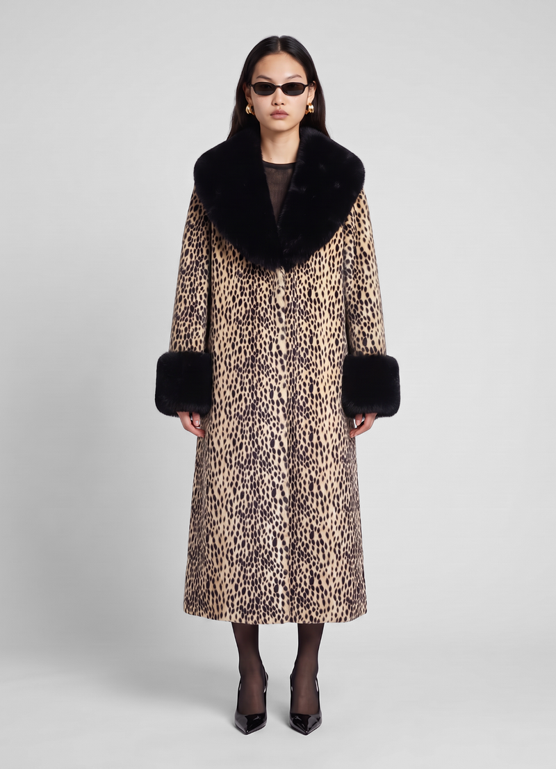 Dalmatian Faux Pony Hair Fur Trim Maxi Coat