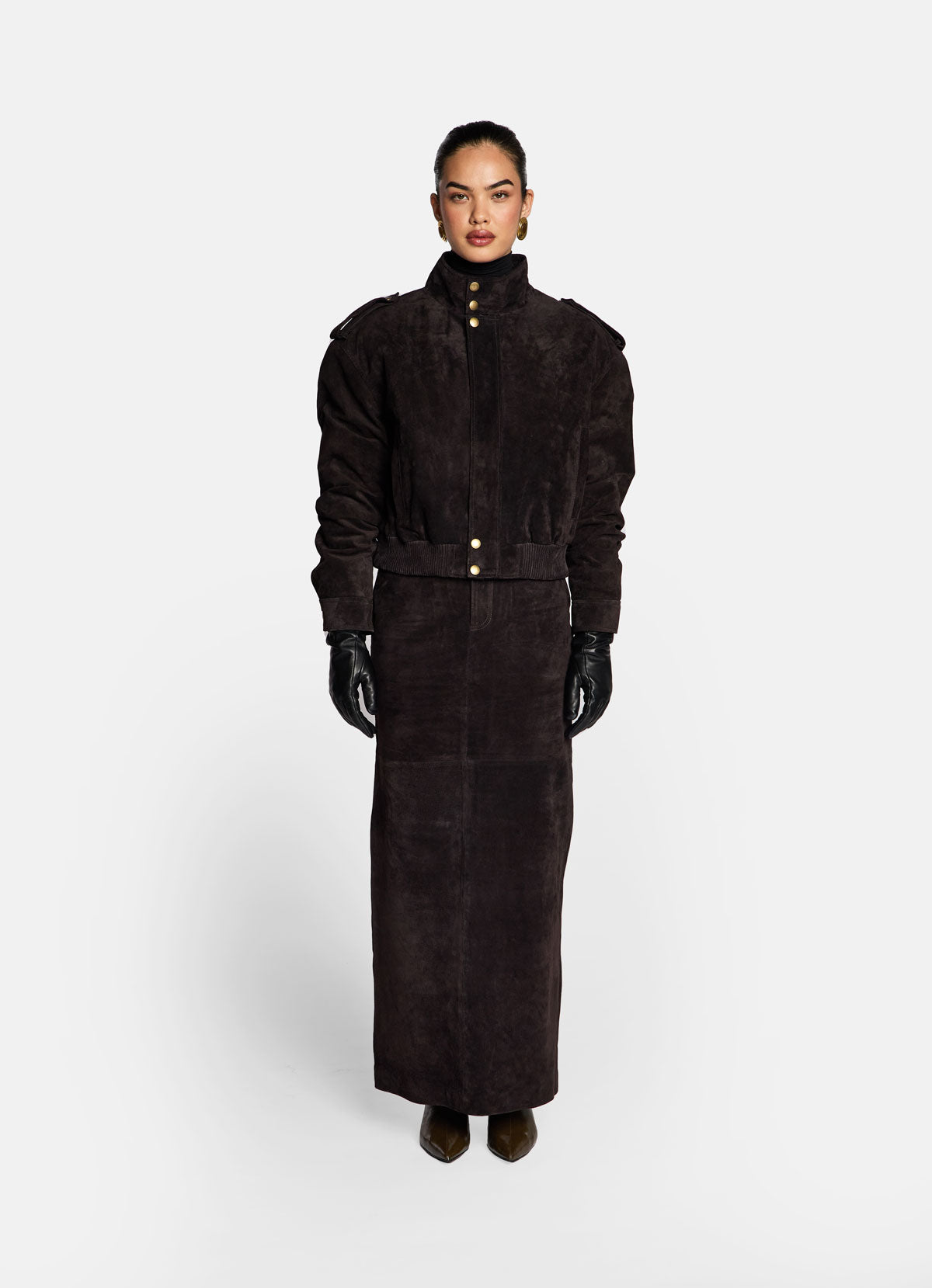 Espresso Suede Cropped Bomber Jacket