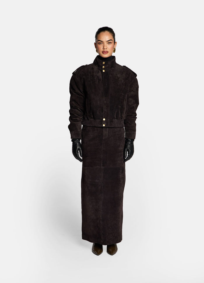 Espresso Suede Cropped Bomber Jacket