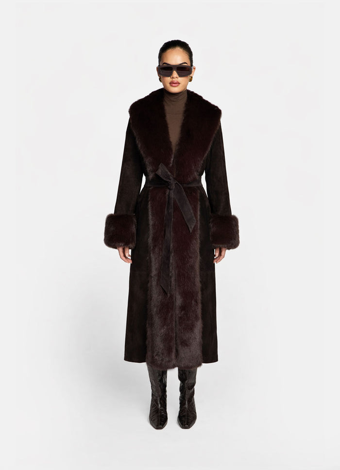 Espresso Suede Faux Fur Trim Maxi Coat
