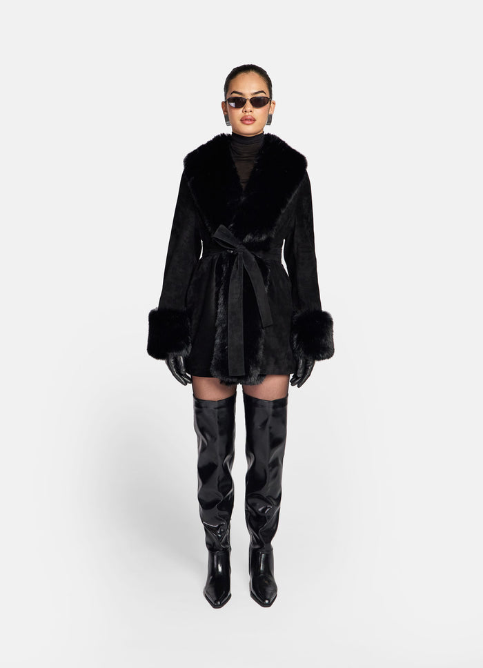 Black Suede Faux Fur Trim Coat