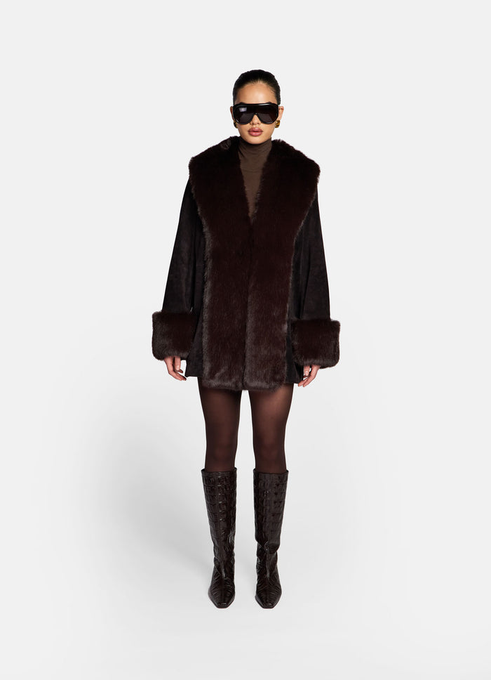 Espresso Suede Faux Fur Trim Coat