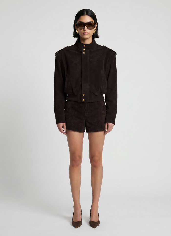 Espresso Suede Cropped Bomber Jacket
