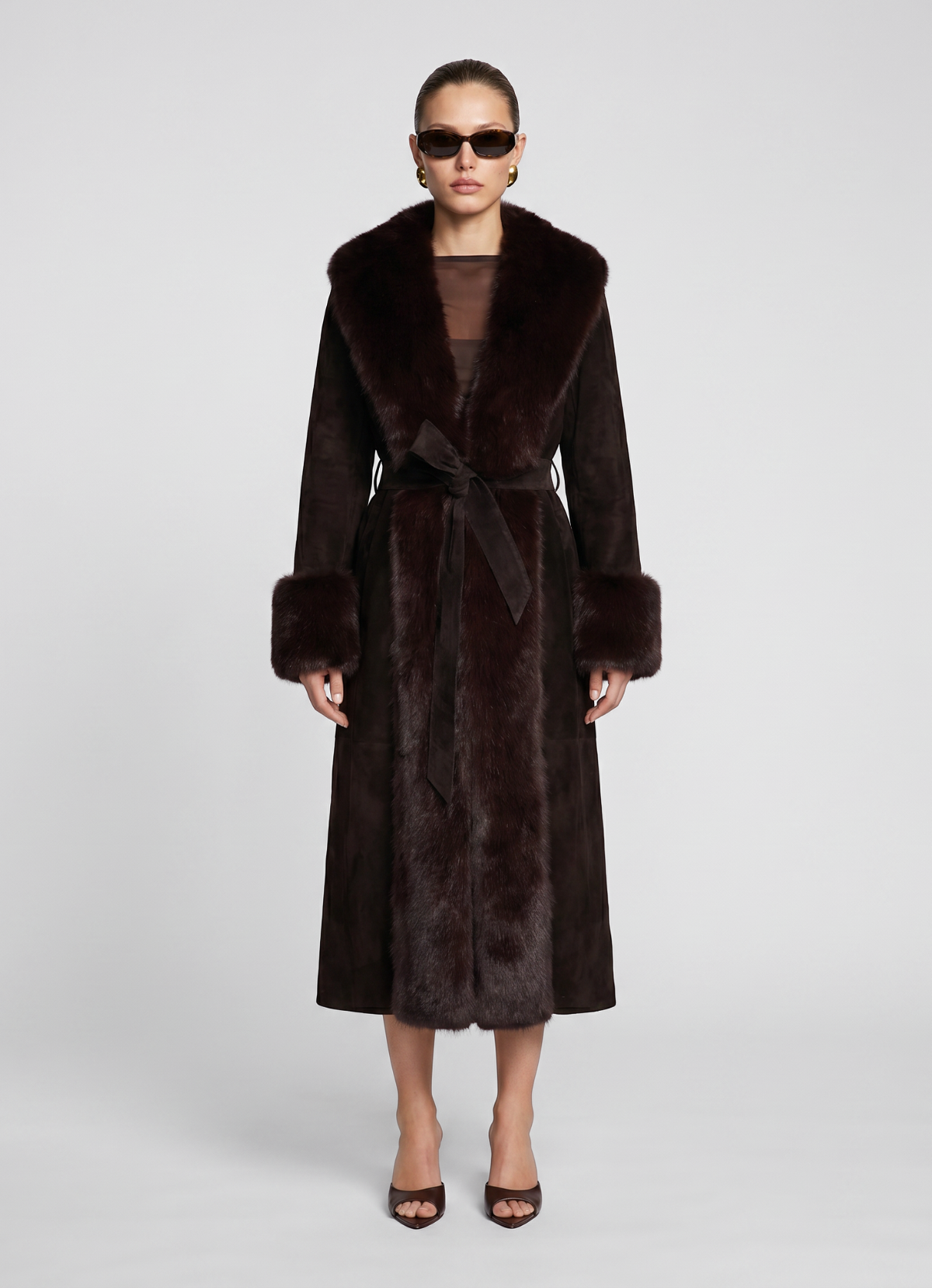 Espresso Suede Faux Fur Trim Maxi Coat