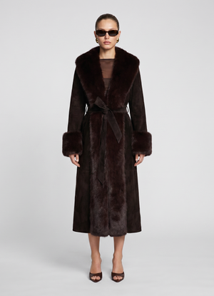 Espresso Suede Faux Fur Trim Maxi Coat