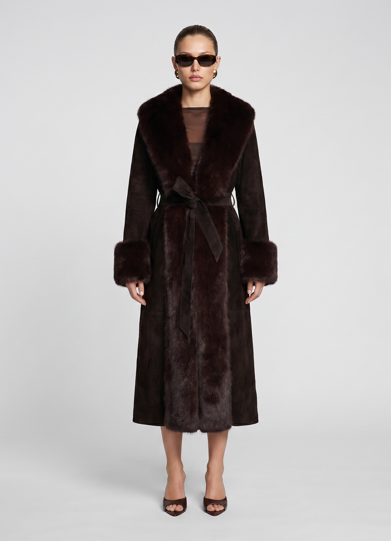 Espresso Suede Faux Fur Trim Maxi Coat
