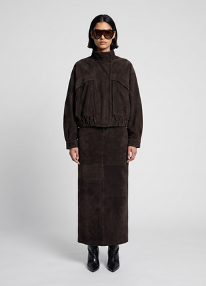 Espresso Suede Relaxed Bomber Jacket