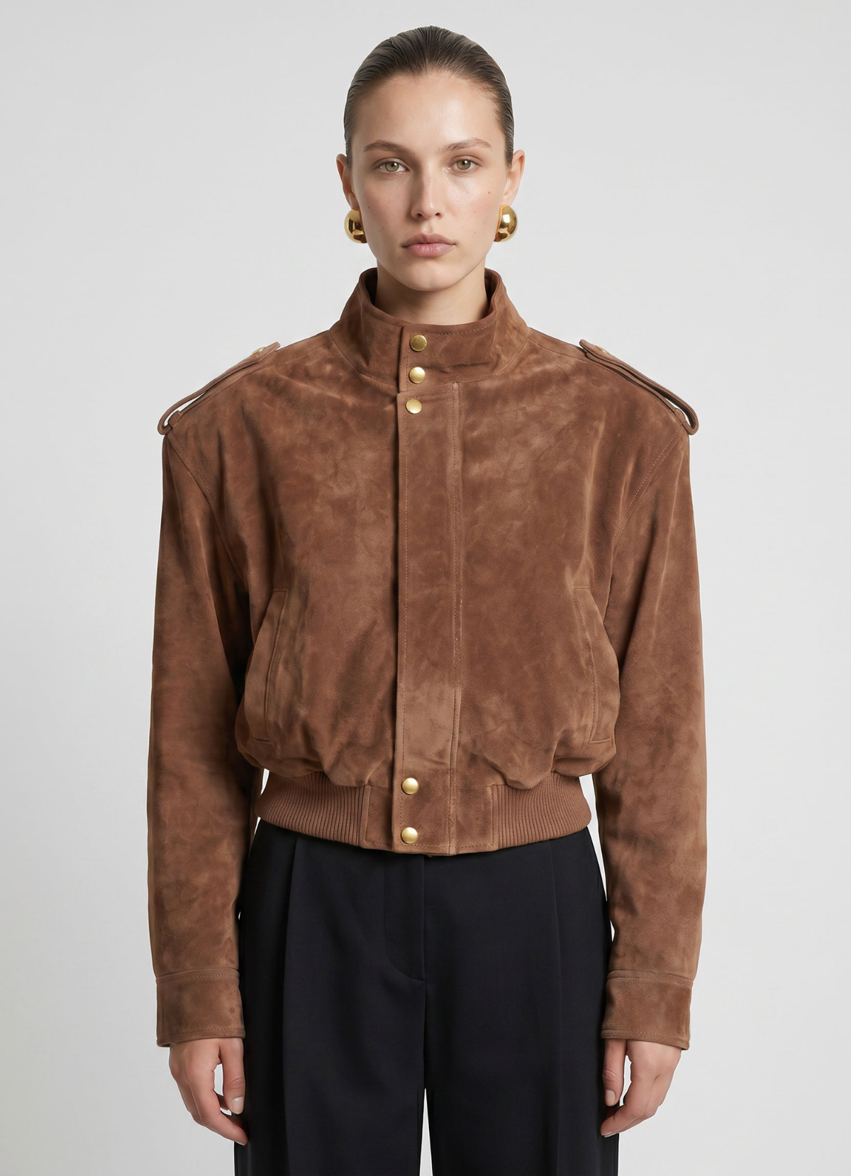 Mocha Suede Cropped Bomber Jacket