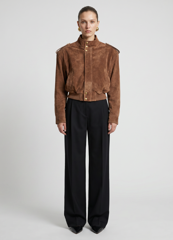 Mocha Suede Cropped Bomber Jacket
