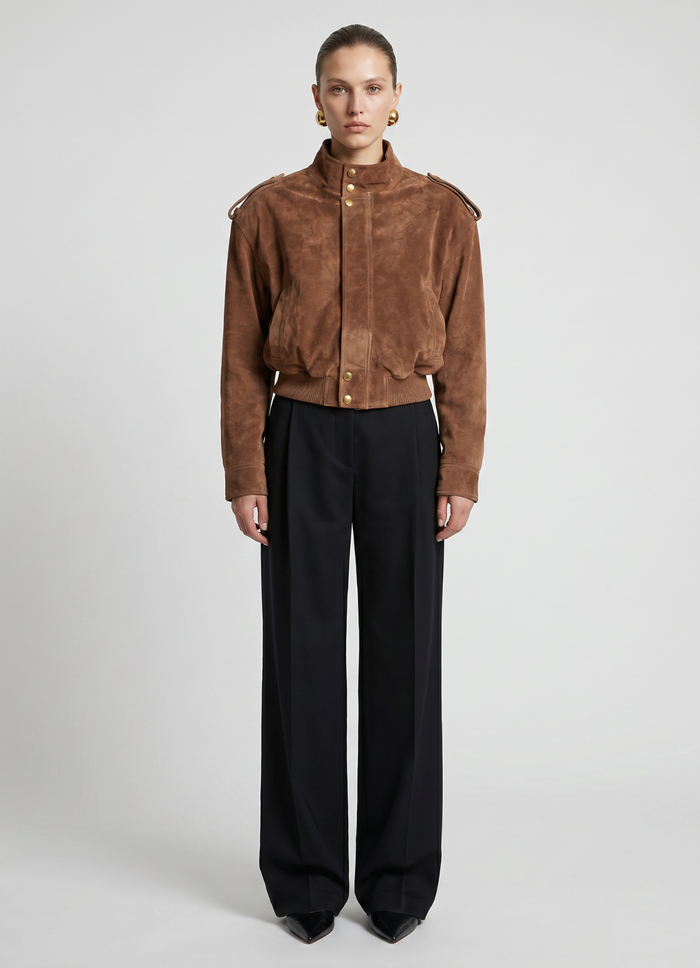 Mocha Suede Cropped Bomber Jacket