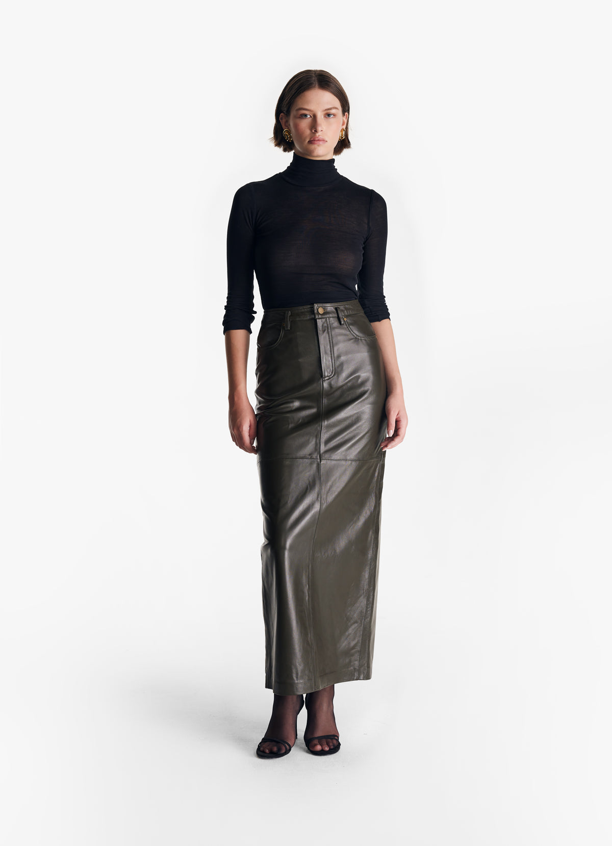 Olive Green Leather Maxi Skirt