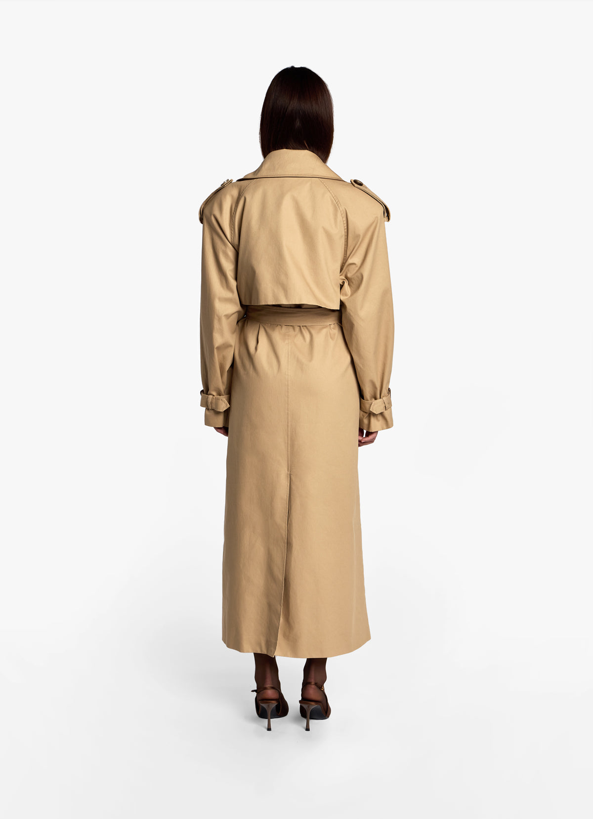 Back view of model in tall cotton trench coat, tall version shows longer length.