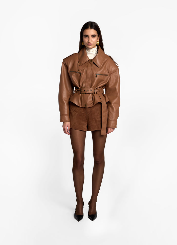 Mocha Leather Cropped Jacket