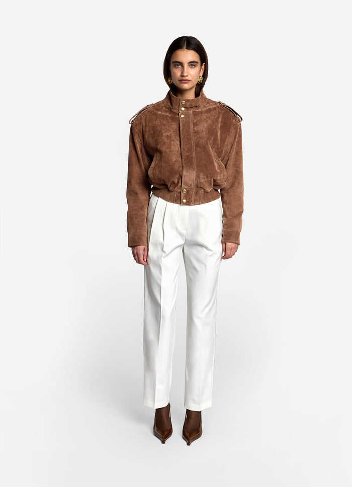 Mocha Suede Cropped Bomber Jacket