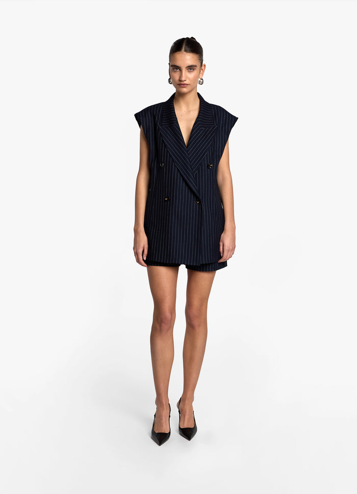 Navy Pinstripe Sleeveless Blazer