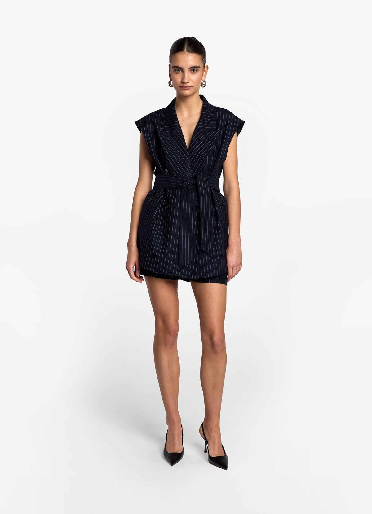 Navy Pinstripe Sleeveless Blazer