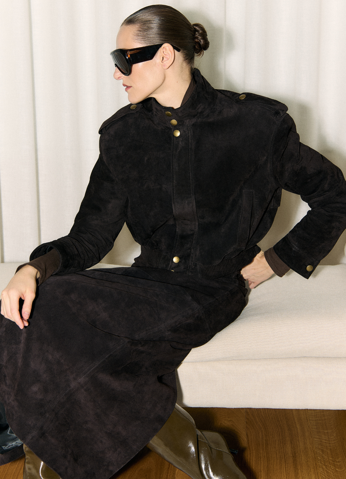 Espresso Suede Cropped Bomber Jacket