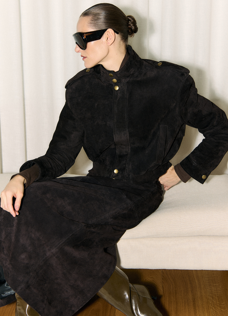 Espresso Suede Cropped Bomber Jacket