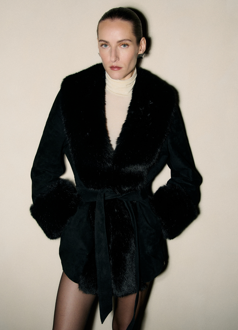 Black Suede Faux Fur Trim Coat