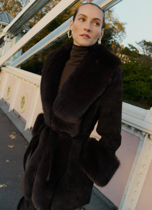 Espresso Suede Faux Fur Trim Coat