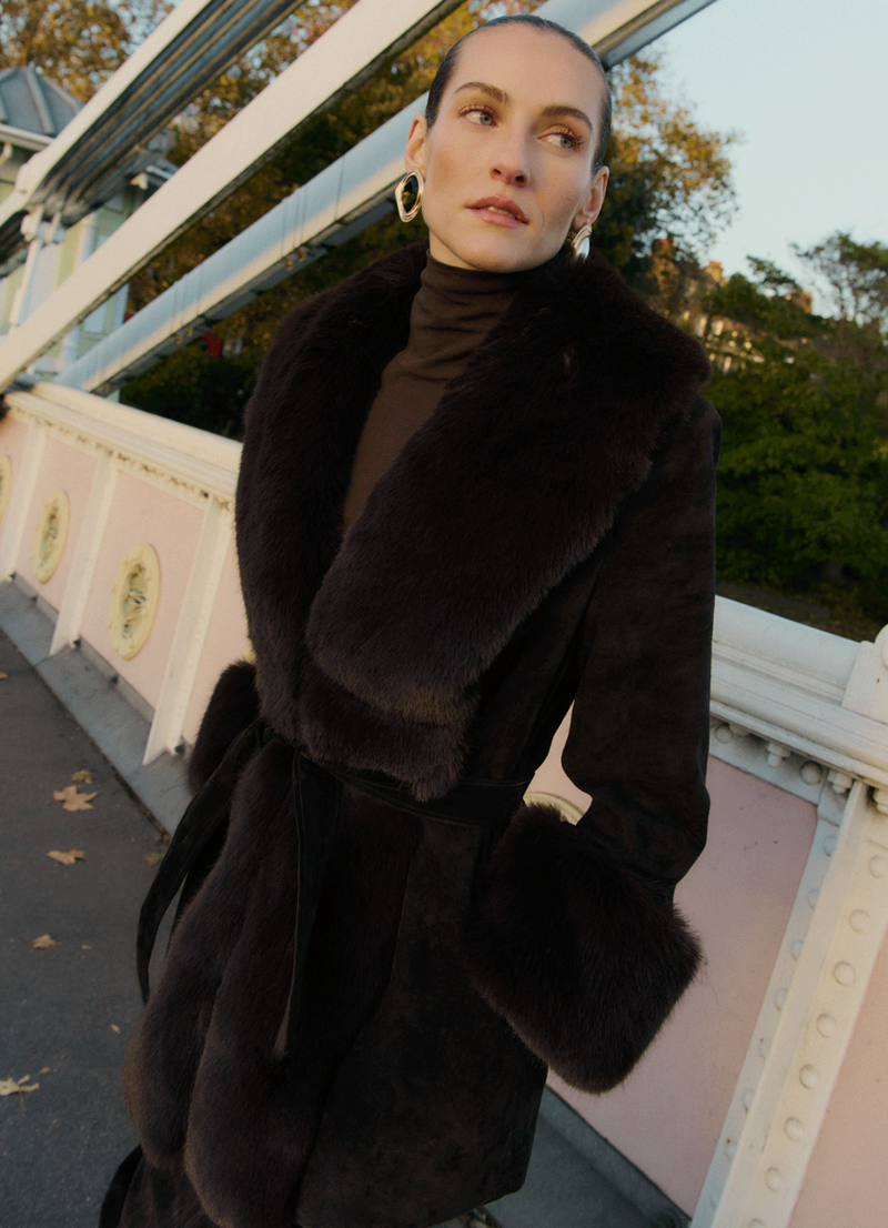 Espresso Suede Faux Fur Trim Coat