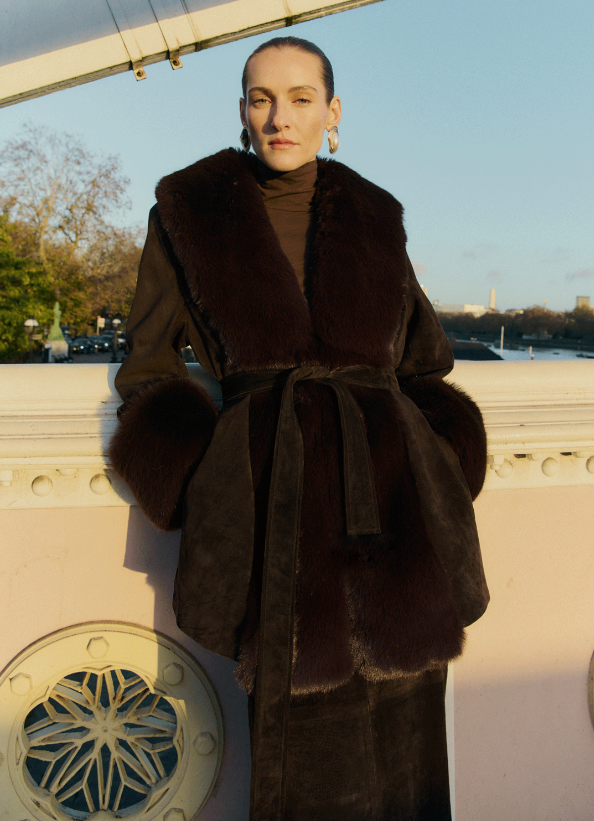 Espresso Suede Faux Fur Trim Coat