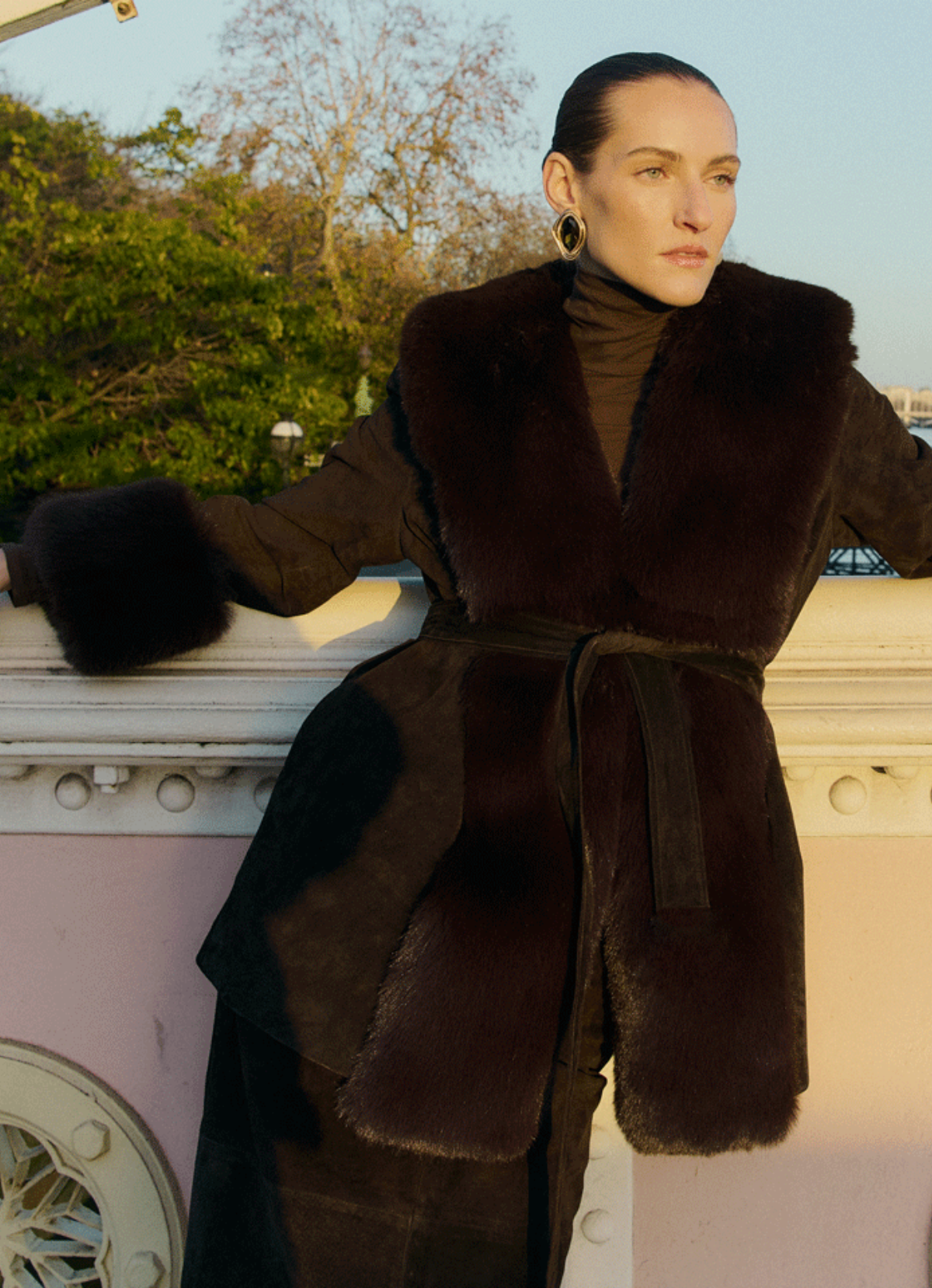 Espresso Suede Faux Fur Trim Coat