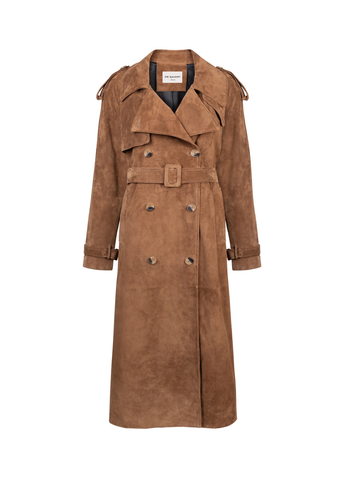Mocha suede trench, shown flatlay on white background.
