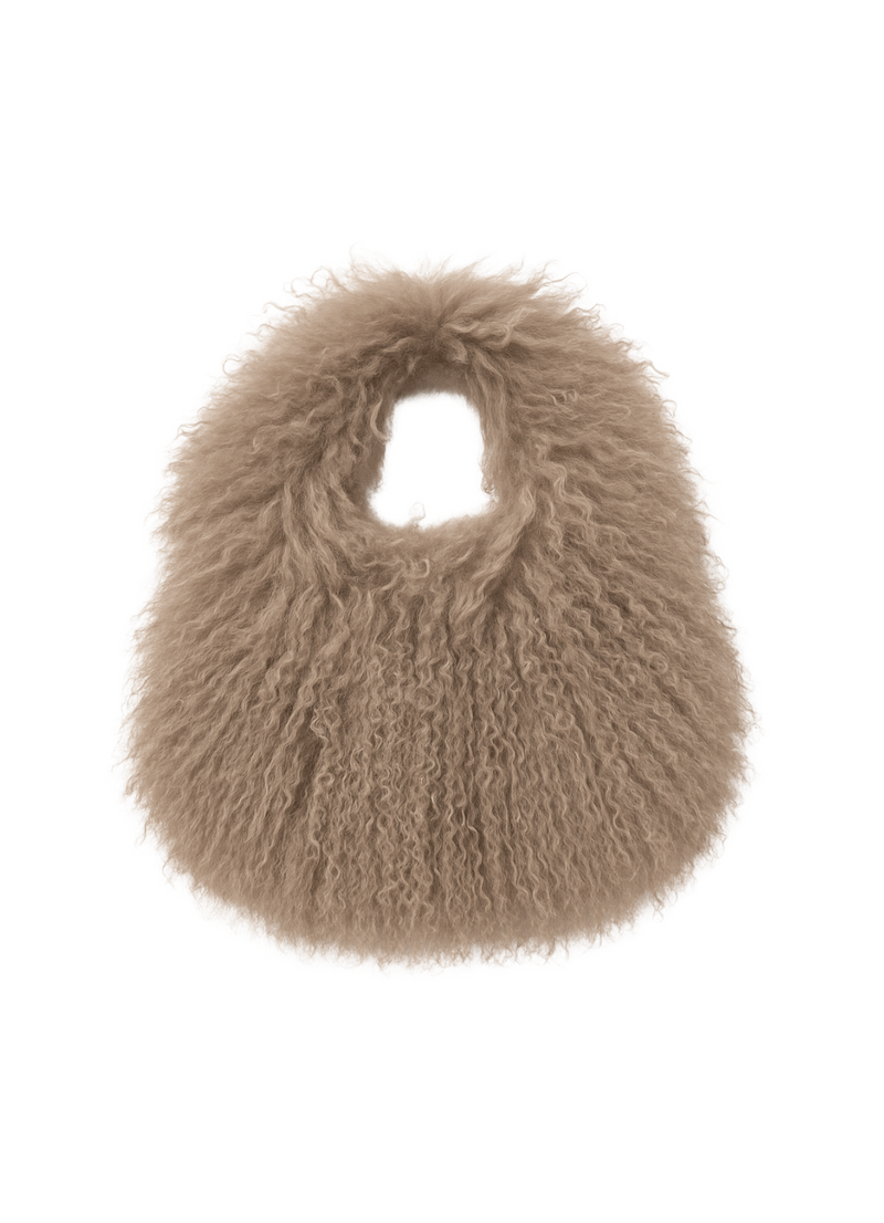 Product image of mongolian bag in mocha on white backdrop.