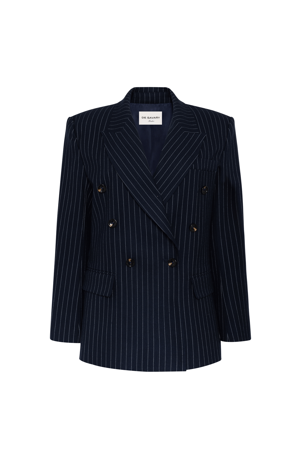 Navy pinstripe blazer, shown flatlay on white background.