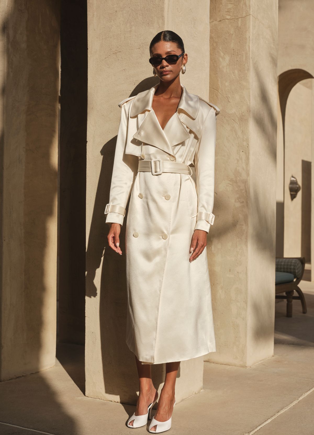 AKM 【C046】 washed satin trench coat Ivory Satin Trench Coat – de Savary International