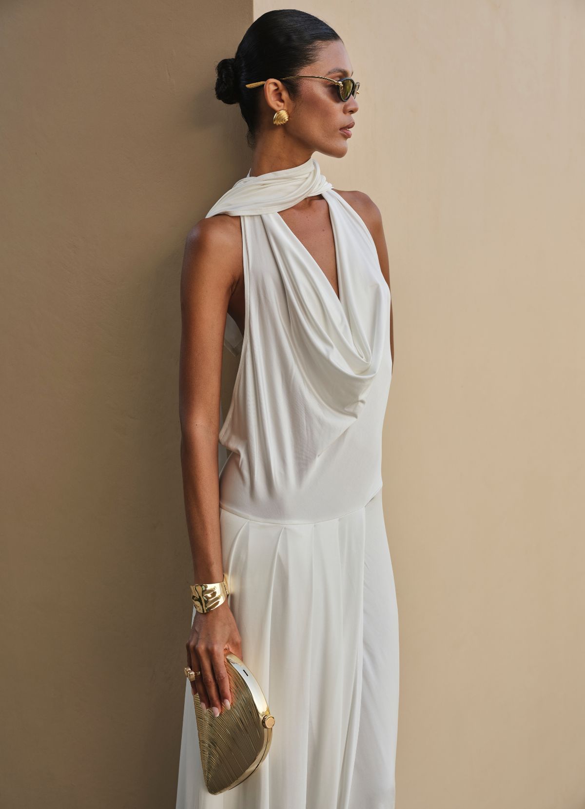 White Draped Halter Maxi Dress