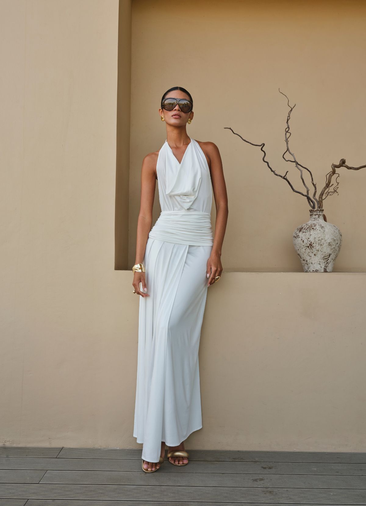 White Draped Halter Maxi Dress